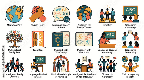 Diverse set of icons representing immigration multiculturalism and global citizenship concepts.