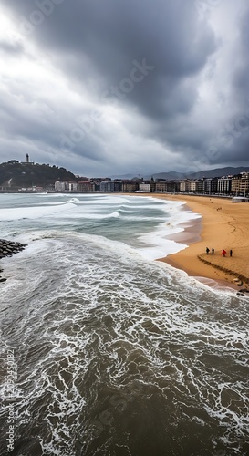 Dramatic Storm Clouds Over Waves on Urban Sandy Beach