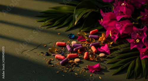 Natural herbal supplements and colorful vitamin capsules, holistic medicine with tropical flowers and palm leaves, organic wellness concept