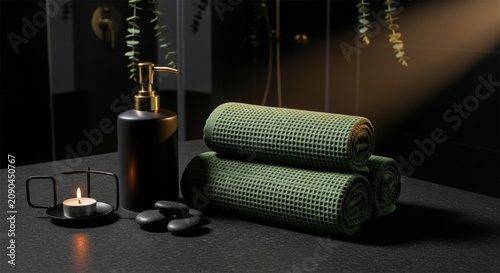 Luxury spa wellness still life with green waffle towels, black soap dispenser and candle. Zen bathroom aromatherapy concept with massage stones.