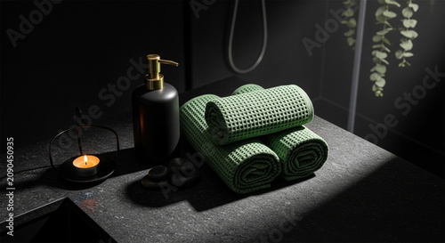 Luxury spa still life with green waffle towels, black soap dispenser and candle, zen wellness bathroom interior with dramatic lighting