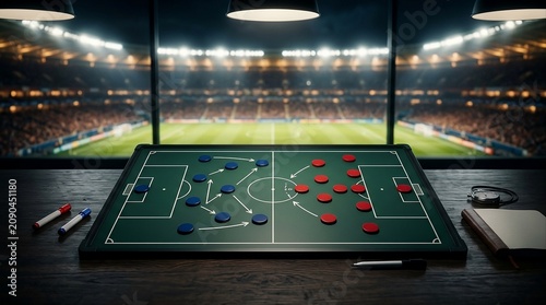A detailed professional football tactical board illuminated under a spotlight in a dimly lit locker room environment.