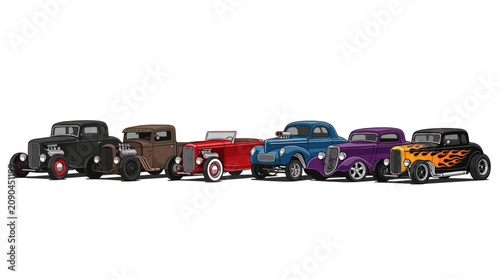 A vibrant line-up of diverse classic hot rod cars illustration
