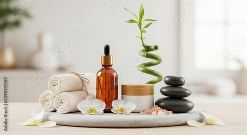 Zen spa wellness still life with amber glass dropper bottle, bamboo plant and basalt stones. Natural skincare products on stone tray for beauty treatment.