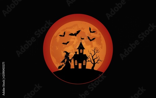 Haunted house under a blood moon with bats flying