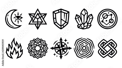 Принти на полотні Sacred Protection and Mystical Symbol Outline Icon Vector Set