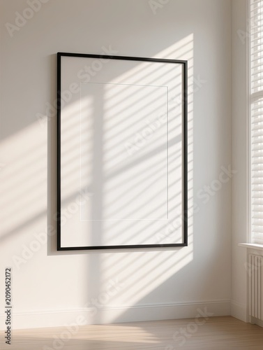A photorealistic minimalist interior mockup featuring a black vertical picture frame with a blank white poster mounted on a clean white wall.