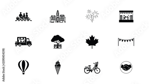 Black and white minimalist icons of festive community celebration with monochromatic collection nine stylized icons with aspects community gatherings