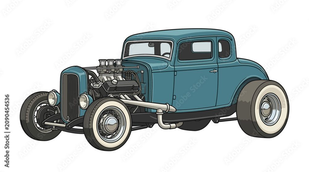 Αυτοκόλλητο Blue hot rod car with exposed engine and whitewall tires.