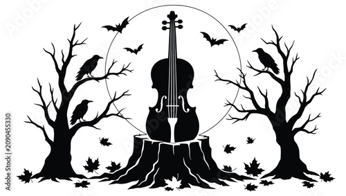 Fotografie Halloween illustration with a violin on a tree stump, spooky trees, ravens, bats