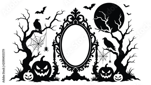 Halloween background with ornate mirror frame, spooky trees, pumpkins, bats, crows, and spider webs