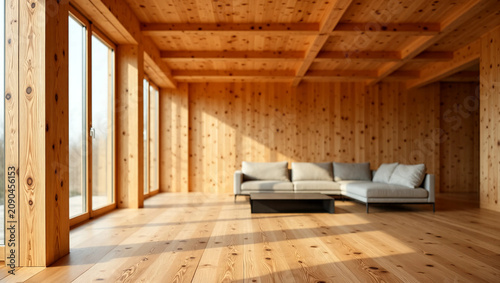 Minimalist living room interior featuring warm natural wood paneling and large glass windows with soft sunlight casting geometric shadows cross laminated timber 