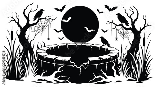 Bild auf Leinwand Halloween illustration with a spooky stone well, bare trees, ravens, spider webs