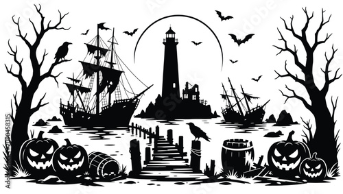 Halloween landscape silhouette with lighthouse, pirate ship, spooky trees, pumpkins, and bats