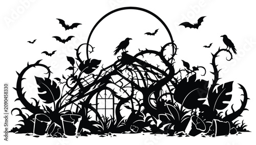 Tableau sur toile Halloween silhouette illustration with a haunted greenhouse, overgrown thorny vi