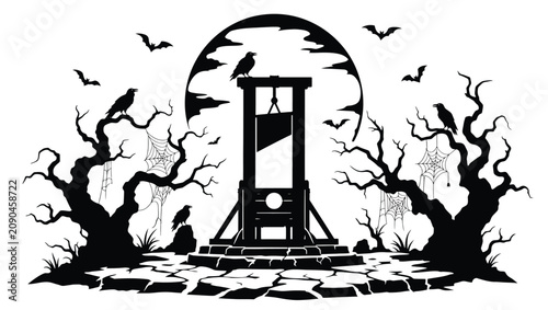 Fotografie Halloween guillotine silhouette with spooky trees, ravens, bats, and spider webs