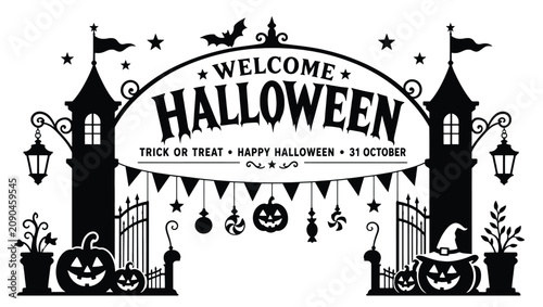 Tableau sur toile Halloween gate archway with pumpkins, lanterns and bats, decorative festive bann