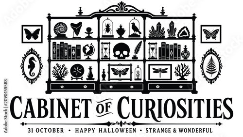 Fotografía Cabinet of curiosities vintage collection illustration with skull, crystals, ins