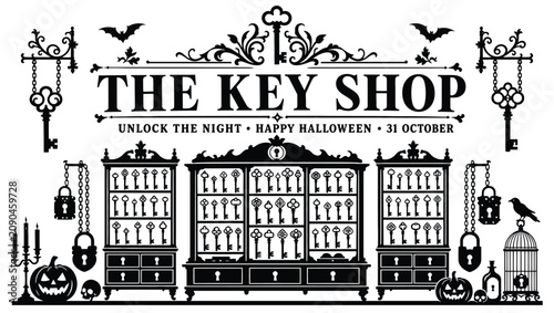 Halloween key shop banner with vintage keys, padlocks, pumpkins, and spooky decorations, vector illustration
