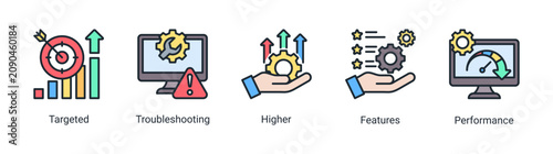 Network Operations icon set vector illustration featuring troubleshooting,performance,and internet service optimization concepts.