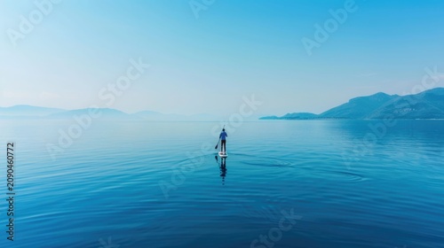 Aerial perspective of a lone individual paddleboarding on a vast calm blue water surface with distant mountain ranges under a clear bright sky