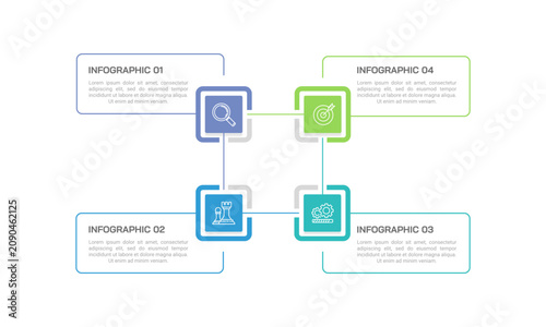 Four stages network layout for presentation infographic template. Vector illustration.