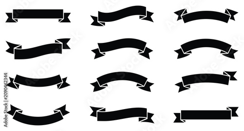 Set of twelve black ribbons and banners with various curved shapes isolated on a white background