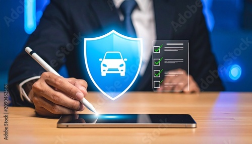 Businessman tablet showing car insurance hologram