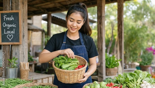 Woman Holding Fresh Vegetables in Wicker Basket at Organic Farm Market