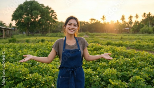 Young woman enjoying nature in sunlit organic farm field at golden hour