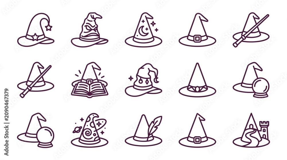 Fototapeta premium Magic Hat Icon Set Collection - Witchcraft, Wizardry, Fantasy Symbols