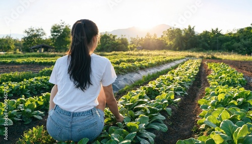 Woman sitting in sunflower field at sunrise with golden light and rural landscape
