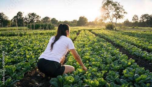 Woman sitting in green rice field at sunrise with misty morning light