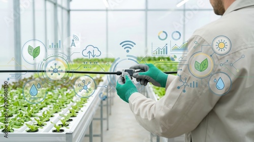 Scientist monitoring smart greenhouse hydroponic farm using IoT sensors for water, light, temperature control with digital overlays showing growth analytics, automation, sustain...