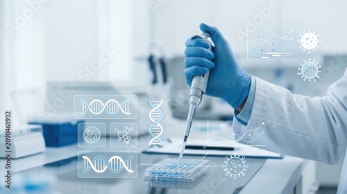 Scientist hand holding pipette in laboratory conducting genetic research with dna molecule graphics overlay for biotechnology medical science and healthcare innovation concept