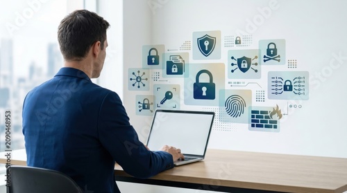 Businessman working on laptop computer with holographic cybersecurity icons like padlock shield firewall fingerprint for data protection privacy network security and it technolo...