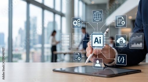 Hand touching artificial intelligence chip icon on tablet screen with connected symbols of global network, coding, documents, and settings representing smart technology integrat...