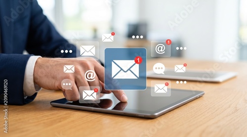 Businessman hand checking email notifications on tablet device with floating message icons representing communication, correspondence, and digital connectivity in modern workplace.