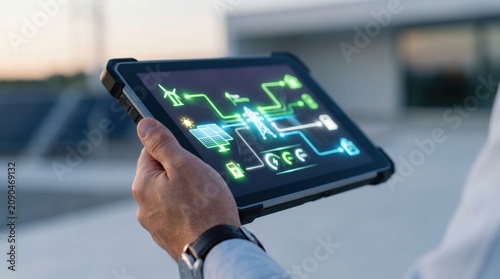 Engineer holding rugged tablet monitoring renewable energy grid system with solar panels and wind turbines displayed on screen for sustainable power management and green technol...