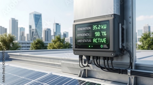 Close up of a solar inverter display showing generation kilowatts and efficiency percentage mounted on a rooftop with city skyline in the background during daytime.