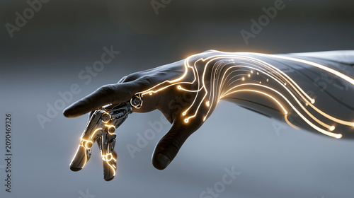 Close-up of a human arm fused with luminous, futuristic electronic circuit technology. Cyborg, artificial intelligence, advanced robotics concept.

