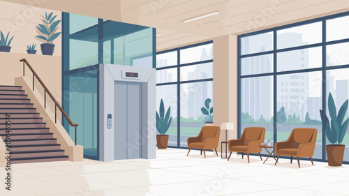 Interior of a modern office lobby features a glass elevator, comfortable armchairs, indoor plants, and large windows with city views.