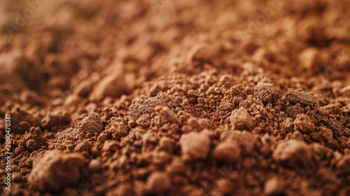 Detailed ro view of rich earthy brown soil showcasing its granular texture and clods  Natural sunlight illuminates the surface