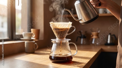 Hand-poured drip coffee brewing process with steaming hot water extraction method for artisan beverage preparation at home