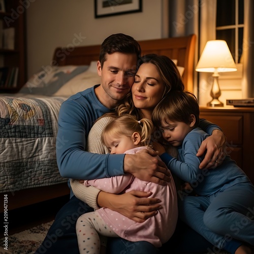 Happy couple holding baby on living room couch.