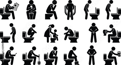 Tableau sur toile Collection of human silhouette figures in different bathroom situations includin