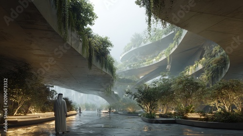 Futuristic Cityscape with Lush Greenery and Modern Architecture.