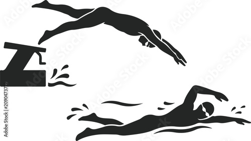 Canvastavla Swimming icon set, swimmer diving from starting block and swimming freestyle str