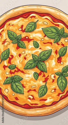 Colorful vegetable pizza with fresh basil leaves on rustic plate.