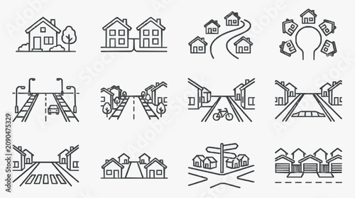 Bild auf Leinwand Minimalist Black and White Line Drawing Icons Set Featuring Various Urban Housin